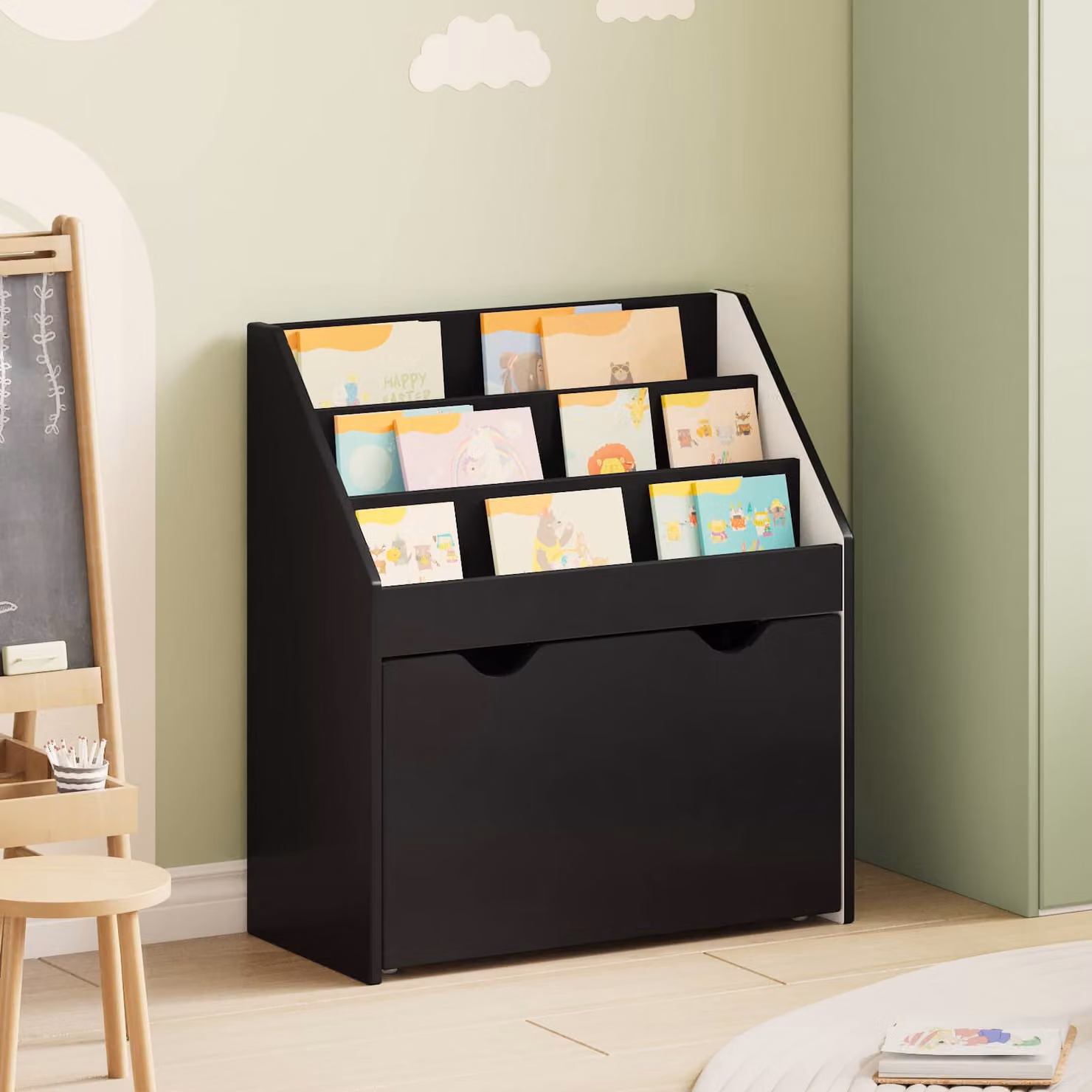 Libreria per bambini vidaXL con cassetto, nera, L 60 x P 29,5 x H 69 cm