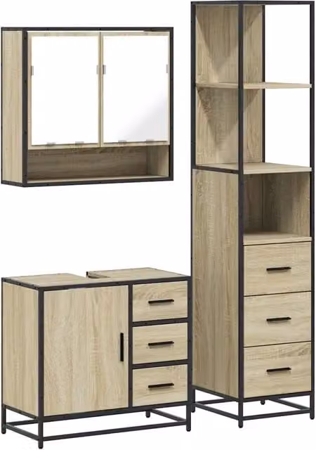 Set Mobili da Bagno | Armadio da bagno 3 pz Rovere Sonoma in Legno Multistrato