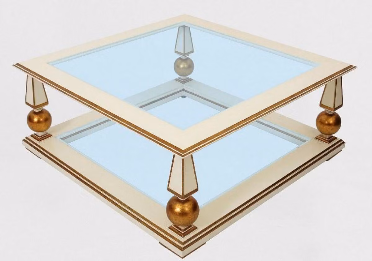 Casa Padrino tavolino barocco bianco/oro antico 113 x 113 x h. 47 cm - Magnifico tavolo da salotto in legno massello con piano in vetro - Mobili da salotto barocchi