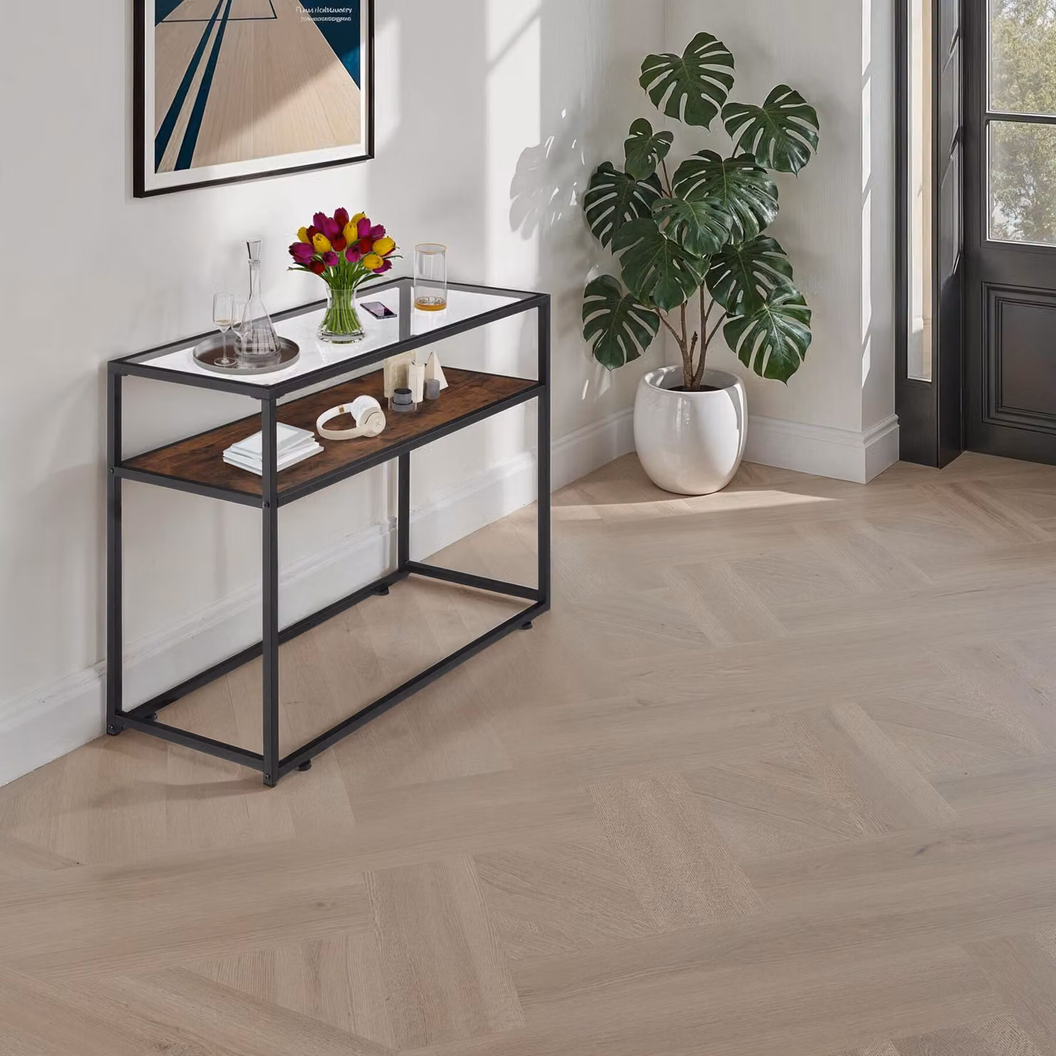 Tavolo da salotto rettangolare tectake in stile industriale con piano in vetro nero e struttura in metallo marrone L 100 x P 30 x H 80,5 cm – 2
