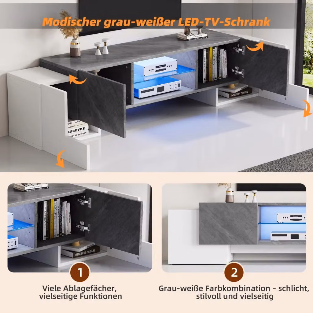Mobile TV moderno REDOM in MDF bianco e grigio con illuminazione LED integrata e 4 ante, L 180 cm x P 40 cm x H 46,5 cm – 2