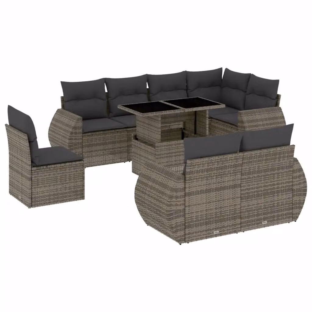 vidaXL Set Divano da Giardino a L 9 pz in Polyrattan Grigio con Cuscini e Tavolino da Esterno – 2