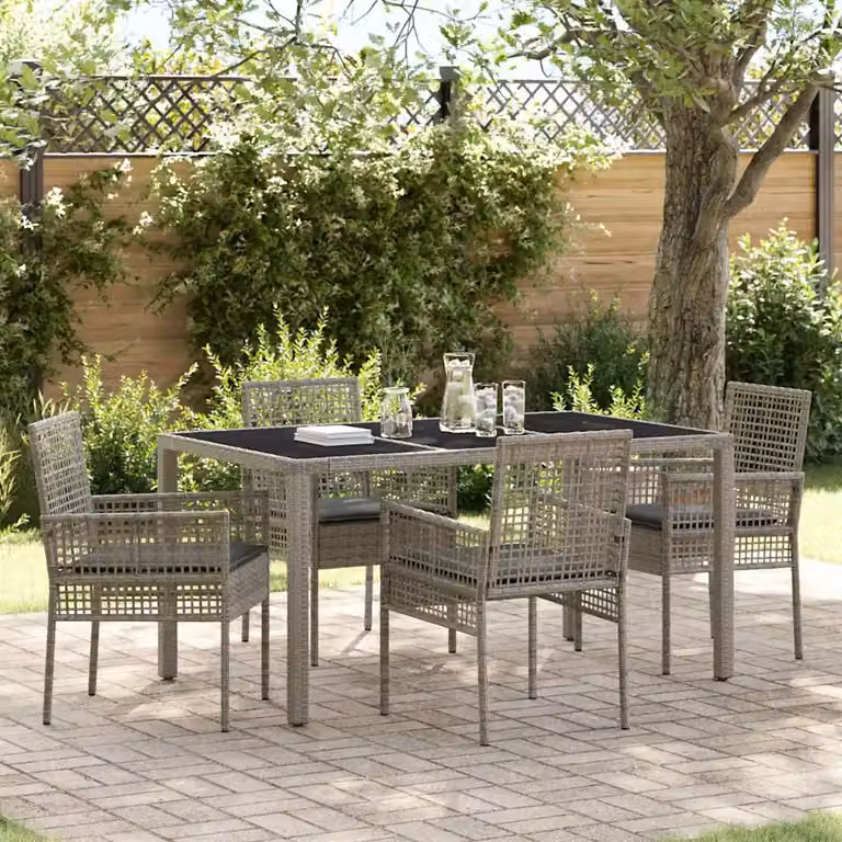 Set da pranzo per giardino e terrazzo vidaXL in polyrattan e vetro, 5 pezzi, Grigio