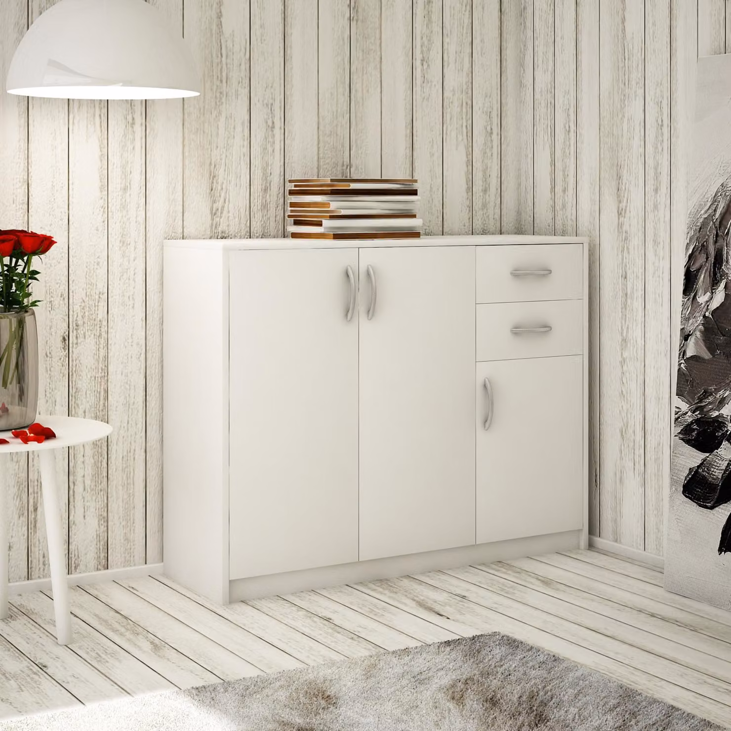 Comò con 2 cassetti e 3 ante in finitura opaca, comò largo 110 cm, mobile in legno, credenza, mobile alto, comò con cassetti, bianco