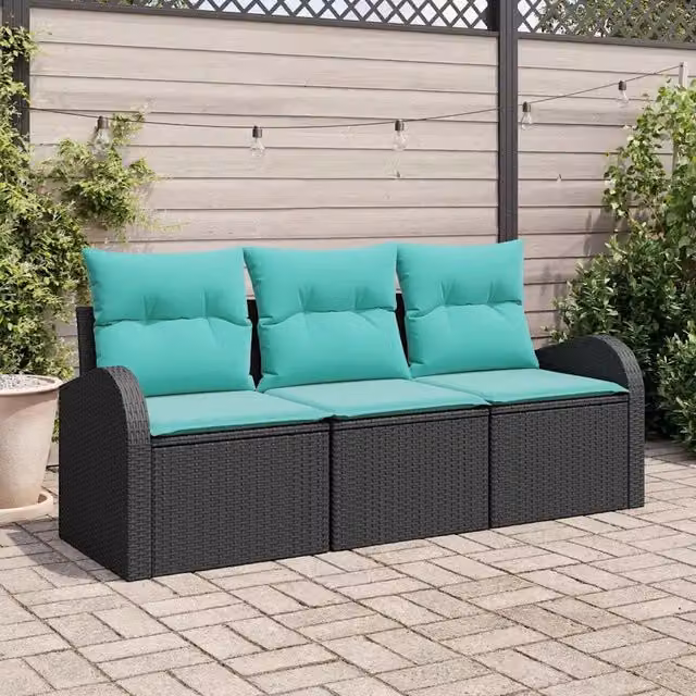 Set Divano da Giardino 3 pz Nero e turchese Poly Rattan 3354575