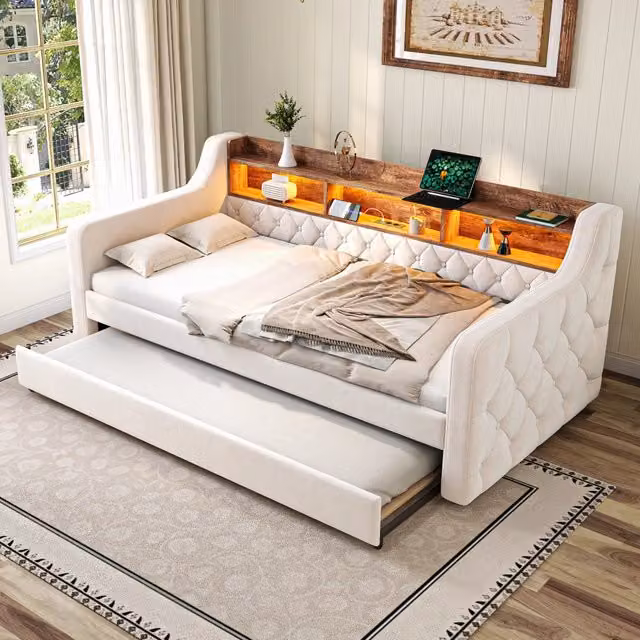 Divano letto 90x190; spazio di deposito; luce LED; porta USB C; listelli; beige
