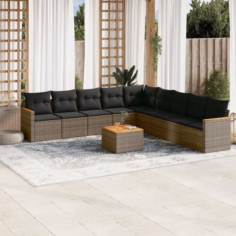 Set Divano da Giardino vidaXL 10 pz in Polyrattan Grigio con Cuscini e Tavolino da Caffè