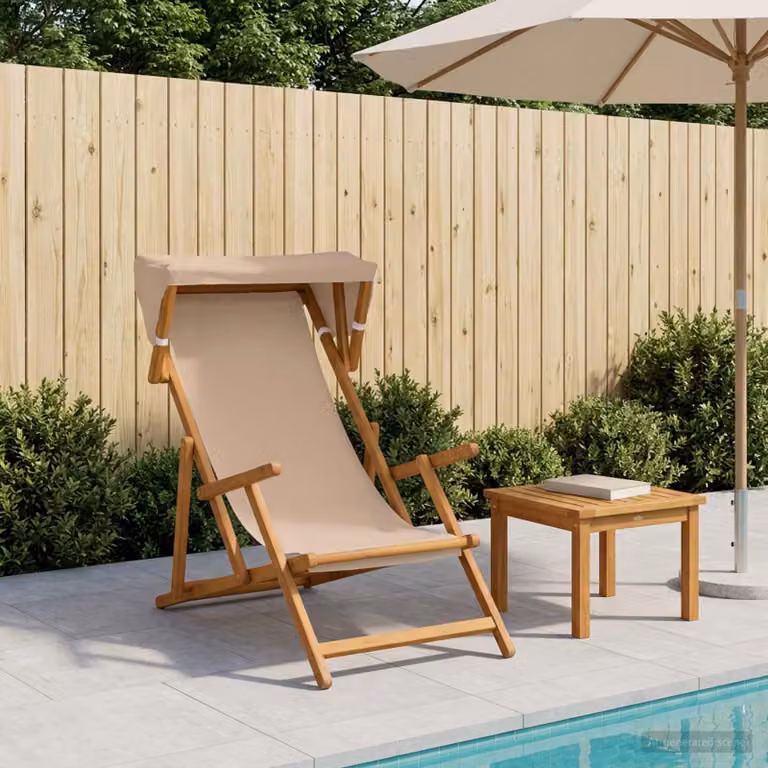 Lettino prendisole vidaXL in legno di eucalipto oliato con tendalino e poggiatesta regolabile, grigio o beige