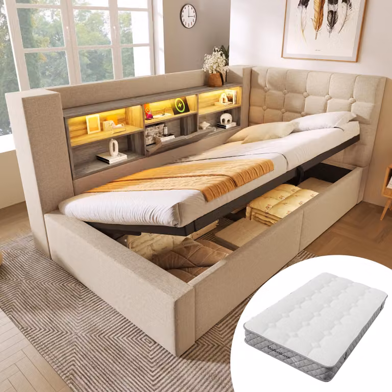 Letto imbottito 90x200 cm con materasso, illuminazione LED, porta USB-C e ricarica rapida, spazio contenitore ad apertura idraulica, testiera a forma di "L" montabile su entrambi i lati, colore beige
