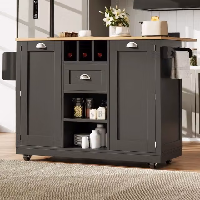 Carrello da cucina REDOM con piano pieghevole nero in MDF e metallo L/P/H: 140 x 40 x 93,5 cm
