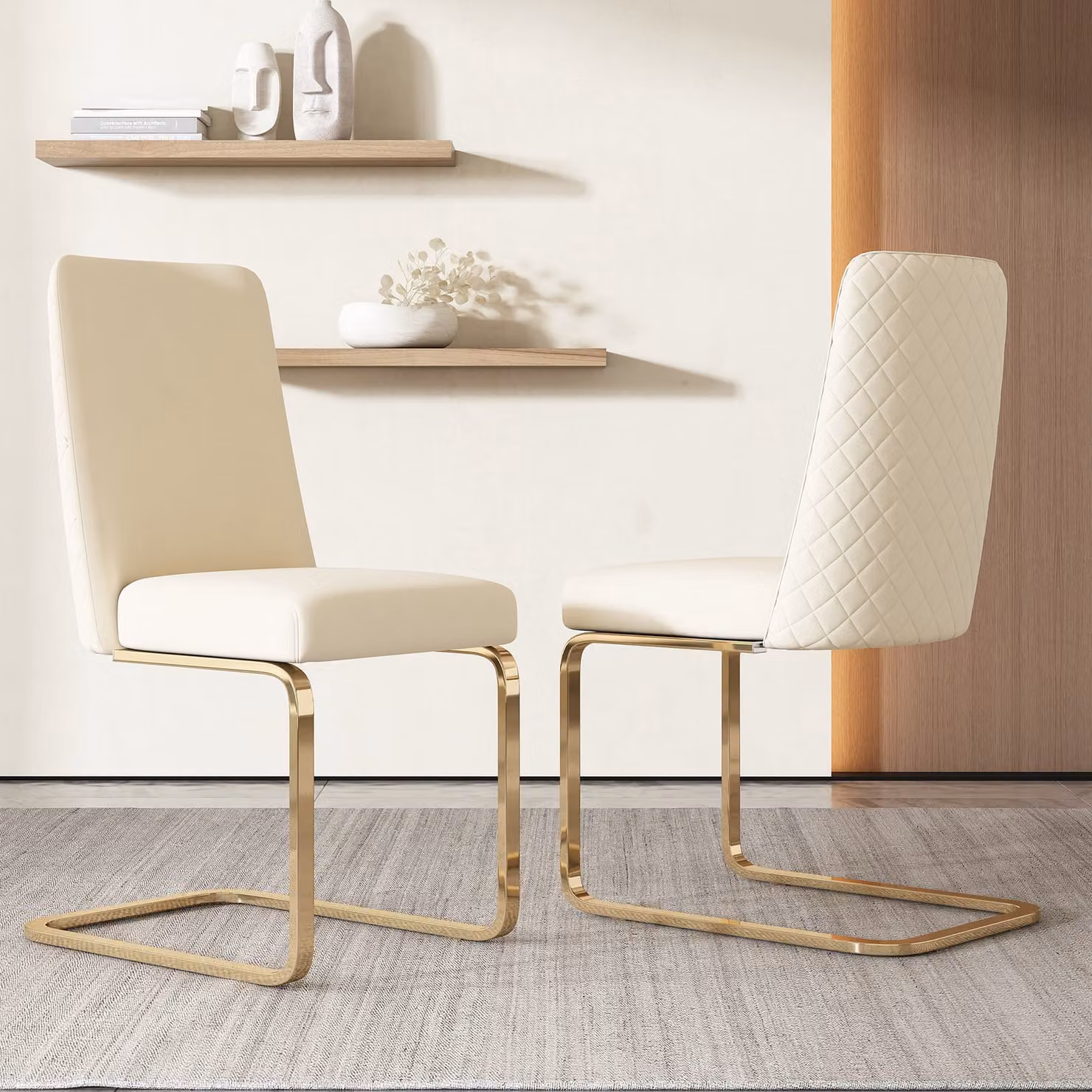 Set di 2 sedie a sbalzo Flieks, sedie per sala da pranzo con gambe in metallo dorato, sedie imbottite con rivestimento in velluto, sedie da cucina sedie da soggiorno, beige