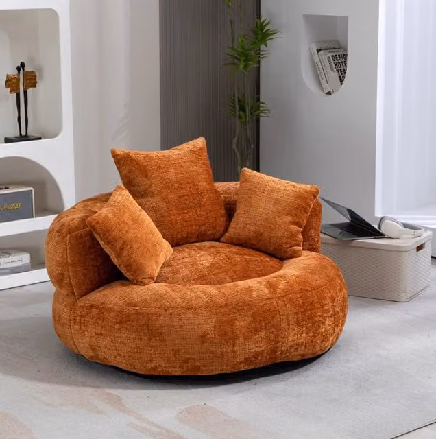 Sedia pouf lazy MODFU in chenille arancione con schienale alto e braccioli L/P/H: 108 x 108 x 52 cm
