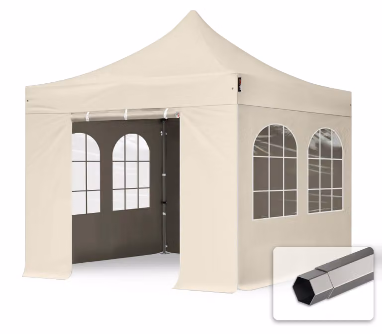 TOOLPORT 3x3m gazebo pieghevole con laterali (finestre), PREMIUM acciaio, crema