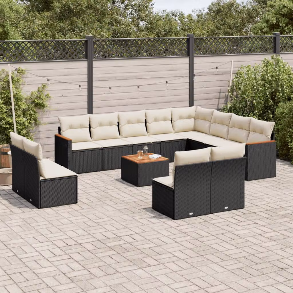 vidaXL Set Divani da Giardino a Forma di U con Cuscini, Tavolino e Struttura in Metallo e Polyrattan, Nero e Bianco – 1