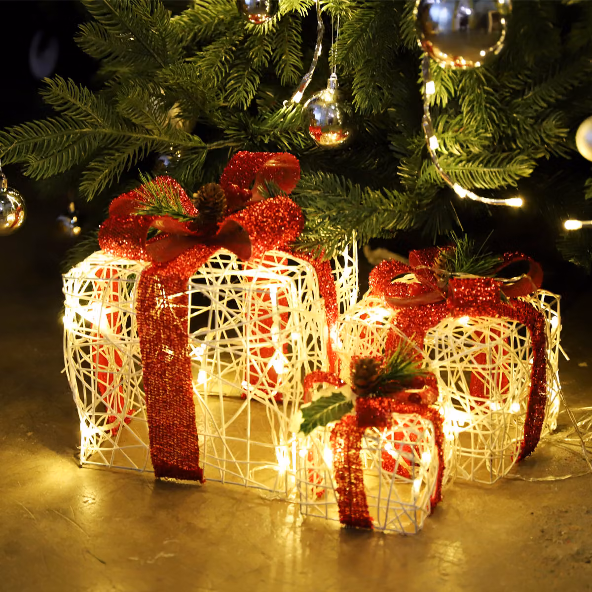 SALCAR Set di 3 luci natalizie a LED confezione regalo Luci natalizie con fiocco, luci decorative per interni con 8 modalità, bianco caldo
