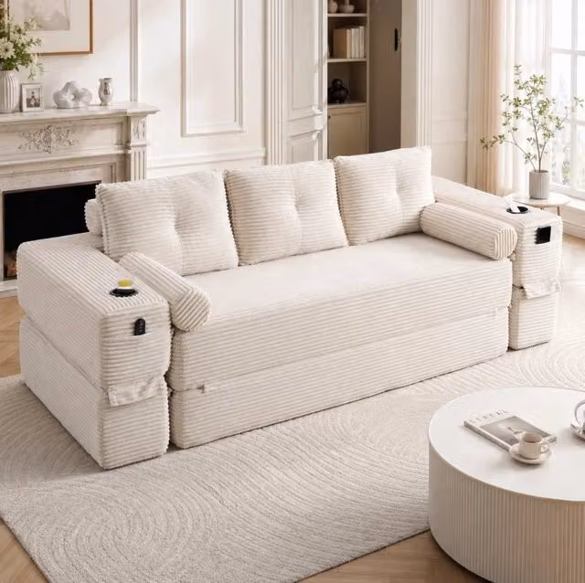Divano letto 3 posti beige, pieghevole con tasche e portabicchiere, tessuto a coste