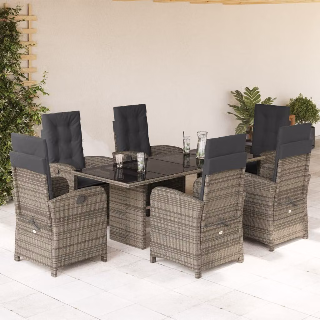 Set da pranzo da giardino vidaXL in polyrattan grigio con 7 pezzi e cuscini – 1