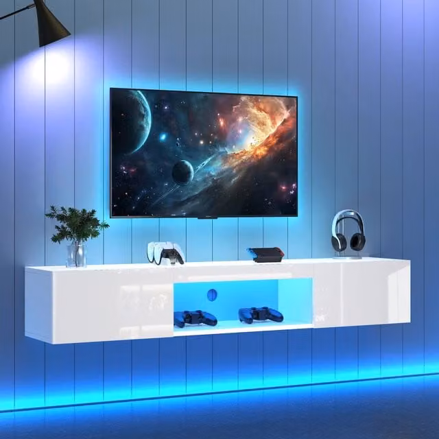 Desviae Mobile porta TV sospeso con LED Bluetooth vano aperto e due ante in truciolare bianco lucido 160 × 31 × 22 cm