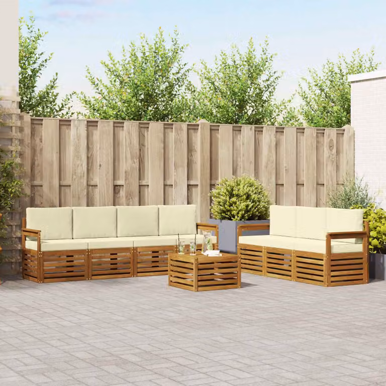 Set da giardino vidaXL in legno di acacia massello con divani a L, tavolino e cuscini, colore beige e bianco