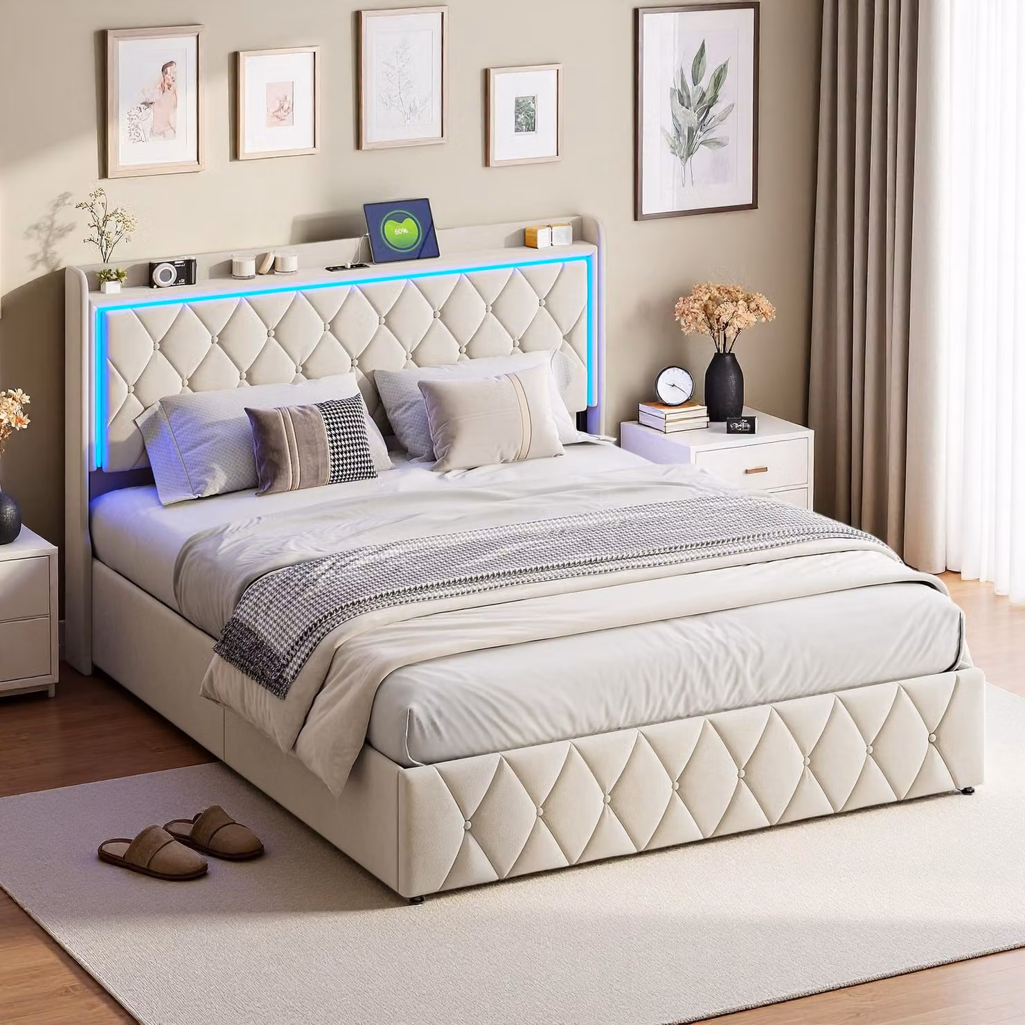 Letto imbottito INONEFT, 140x200 cm, letto per ragazzi con LED e USB, letto matrimoniale idraulico con spazio contenitore, struttura letto imbottita con spazio contenitore e rete a doghe, in velluto, color beige