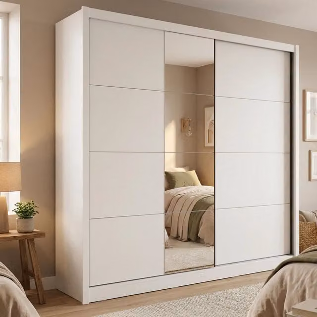 Armadio da camera da letto DMORA con ante scorrevoli e specchio, Bianco Opaco, L: 251 cm, H: 215.5 cm, P: 60 cm – 1