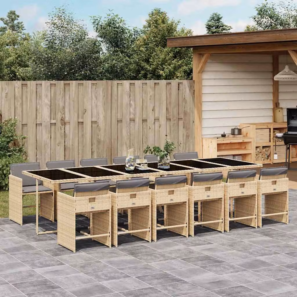 Set Pranzo da Giardino vidaXL in Polyrattan da 13 Pezzi con Cuscini Beige e Piano in Vetro – 1