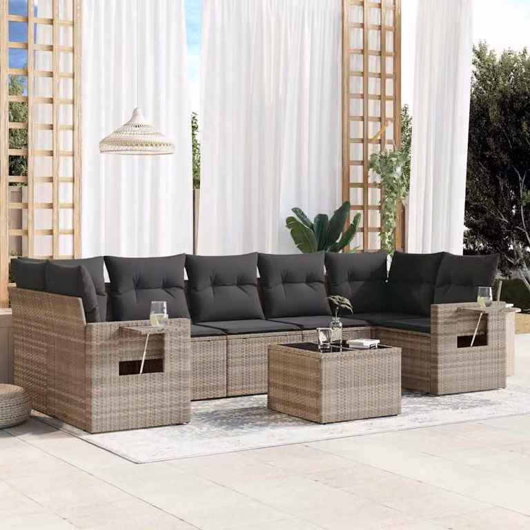 Set Divano da Giardino vidaXL a L in Polyrattan Grigio con 8 Pezzi e Cuscini Imbottiti