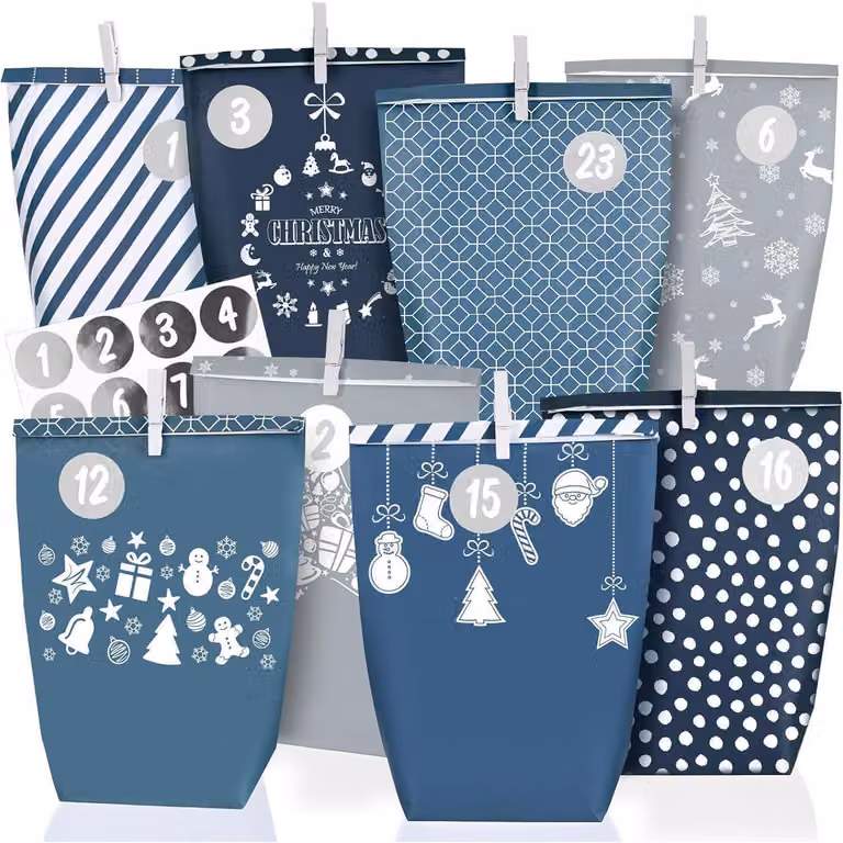 Calendario dell'Avvento con sacchetti di carta, dimensioni 22x16x6 cm, riutilizzabili, colore blu