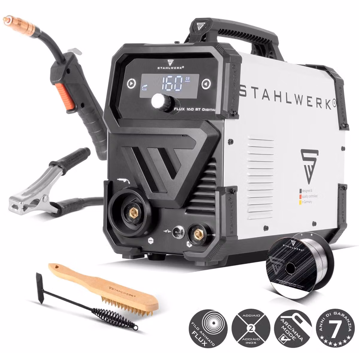 STAHLWERK FLUX 160 ST Saldatrice digitale - combinata 3 in 1 con 160 A, saldatura a filo continuo senza gas di protezione, MMA (MMA/ARC), Lift-TIG (DC)