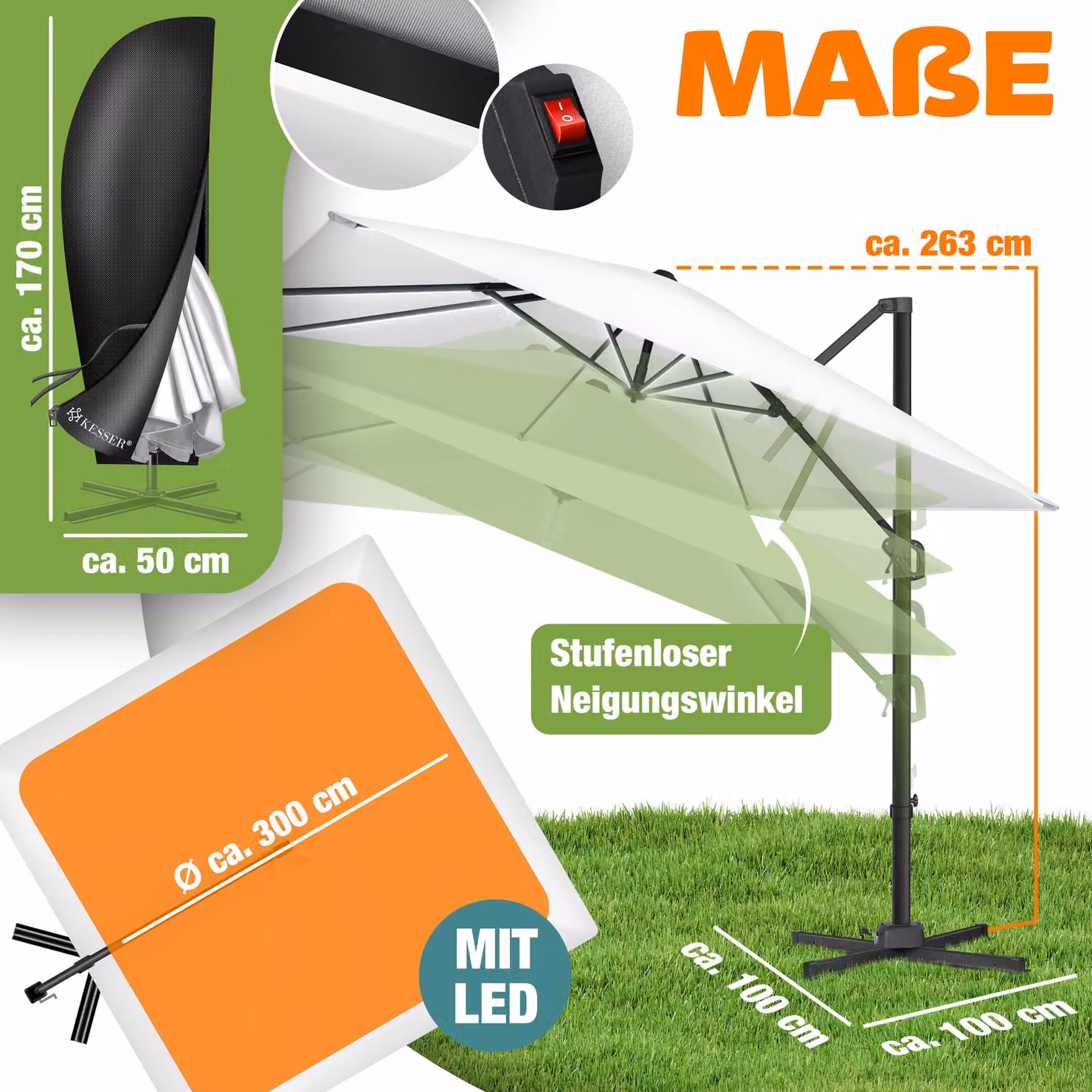 Ombrellone KESSER® Ombrellone a braccio SUN XL 300 x 300 cm Incl. copertura + protezione antivento Girevole Inclinabile Ribaltabile Ombrellone da mercato Grande rotazione a 360°, ombrellone da giardino con manovella Protezione solare UV50+