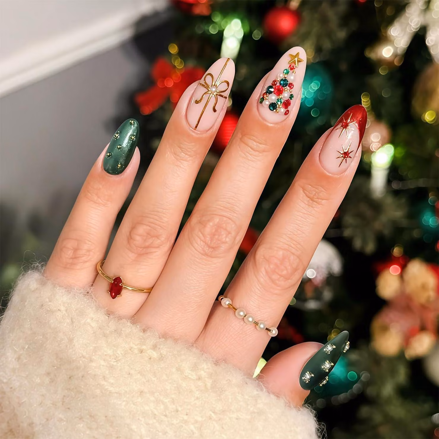 Unghie finte autoadesive, 24 pezzi, forma mandorla, con cristalli 3D e decorazione effetto "french manicure", ideali per donne