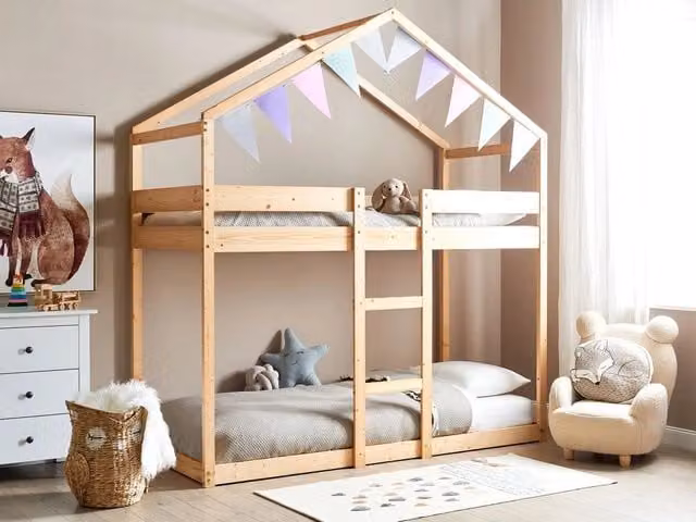 Letto a castello BELIANI in legno di pino marrone chiaro con struttura a forma di casa per cameretta dei bambini L/P/H: 200 x 90 x 230 cm