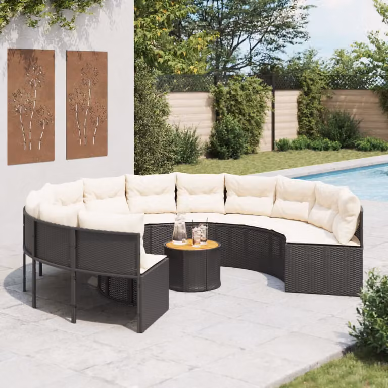 Set da giardino vidaXL a forma di U con divano a 3 posti, tavolino da caffè e cuscini, struttura in metallo e rattan, colori nero e bianco