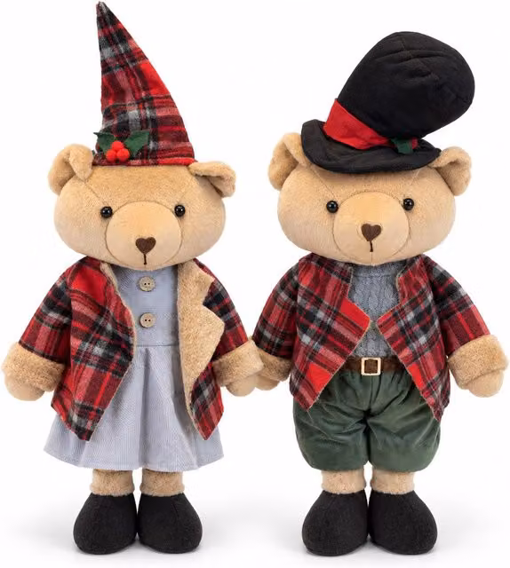 Orso Natalizio Decorativo 85 cm, Peluche da Arredo con Cappello e Abito Scozzese, Base Stabile, Rosso o Marrone Tartan