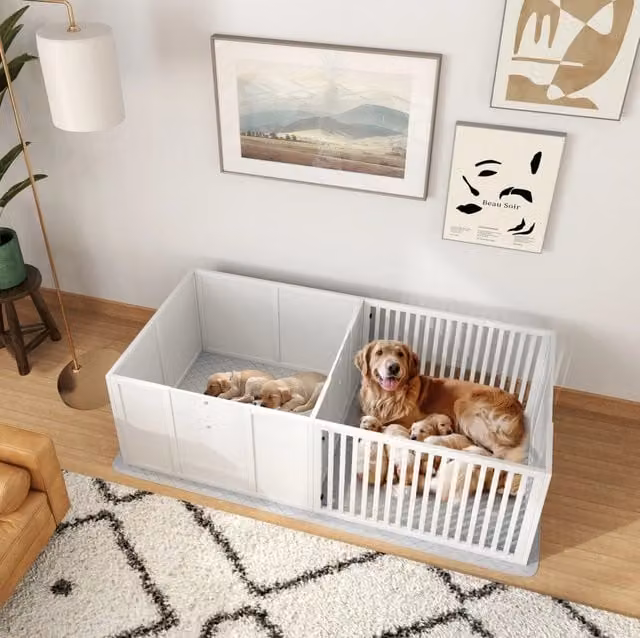Recinto per cuccioli 166x80x50 cm in MDF bianco, doppio spazio –