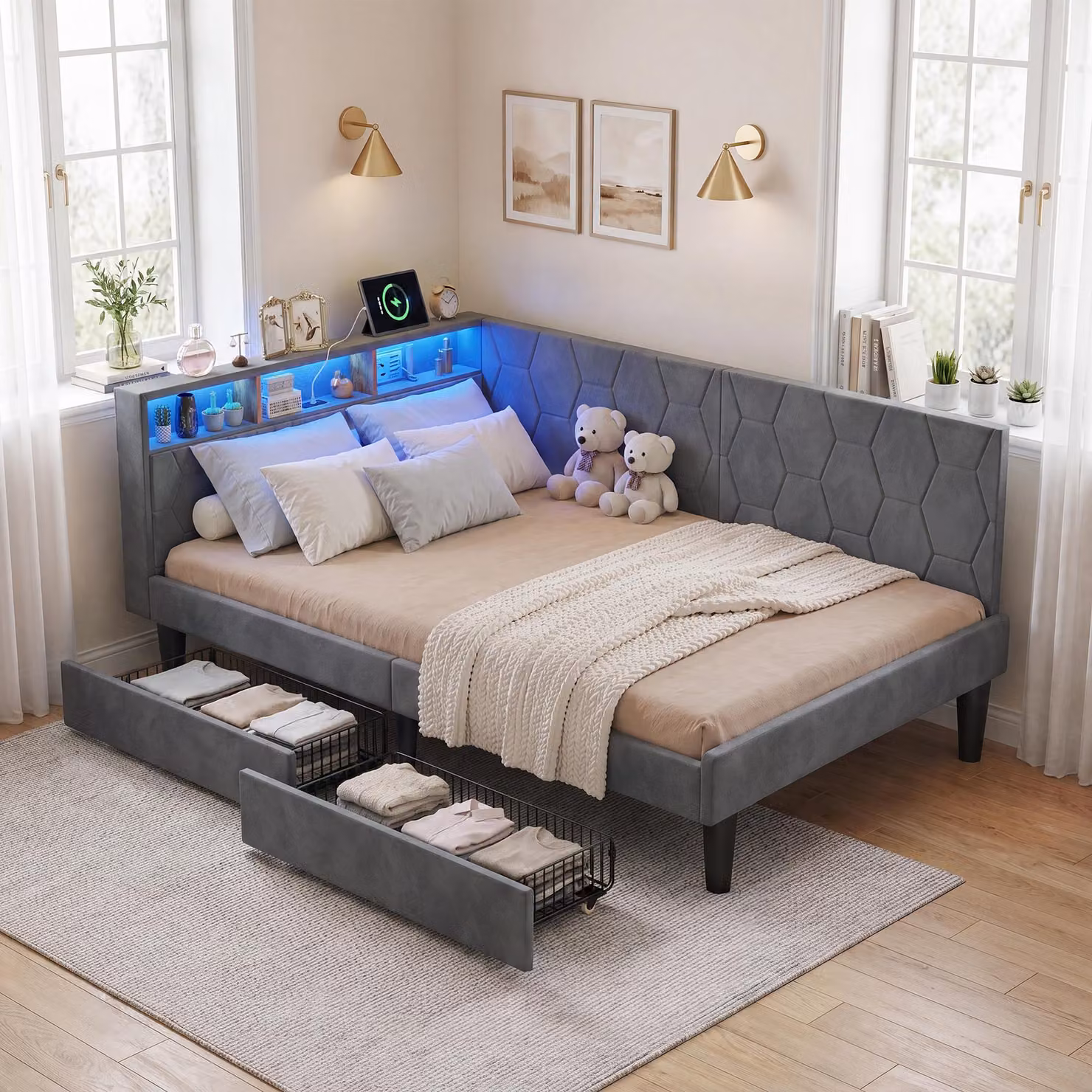 Letto imbottito 90x200 cm, grigio, con cassetti contenitori, struttura in velluto con sistema LED, presa USB, letto matrimoniale imbottito con rete a doghe, ideale per camere da letto e camere dei ragazzi