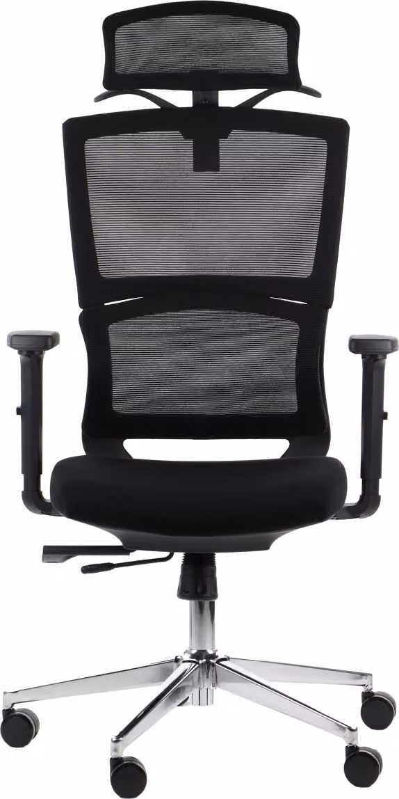 Sedia da ufficio girevole ergonomica TRENT, base cromata, supporto lombare, braccioli regolabili, seduta scorrevole (avanti-indietro), nero