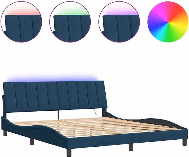 Letto matrimoniale | Letto per adulti | Giroletto con LED senza Materasso Hanko Blu 180x200 cm in Velluto