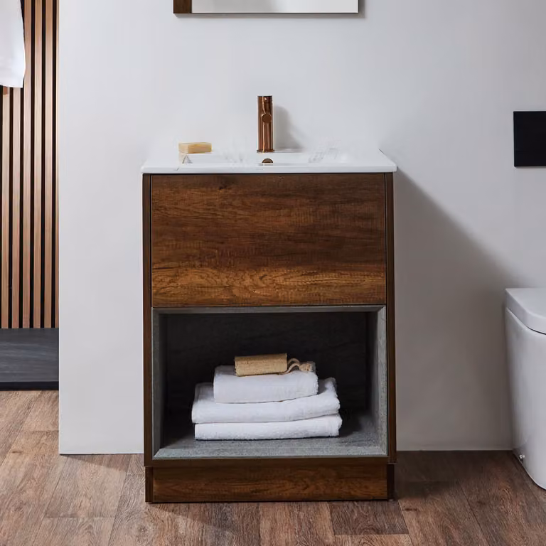 Mobile Bagno Sospeso 612mm Rovere Scuro Con Lavabo Effetto Marmo