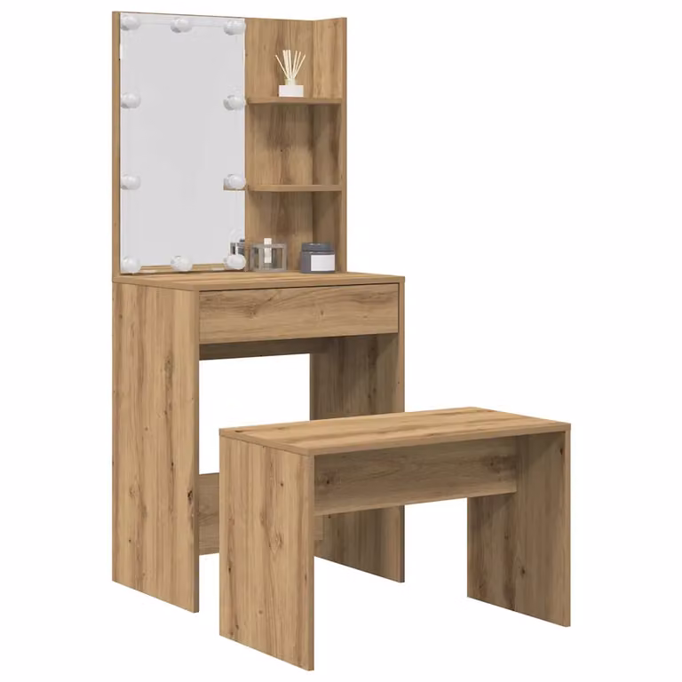 vidaXL Set Toeletta con LED in Rovere e Legno Multistrato, Colore Marrone, L: 140 cm, P: 40 cm, H: 60 cm