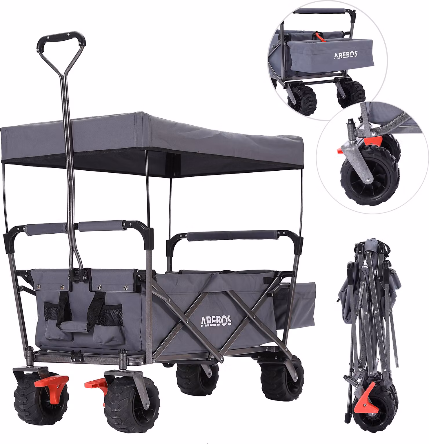 Carrello pieghevole AREBOS grigio | tetto, tasche in rete e borsa esterna, 100 kg