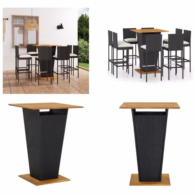 vidaXL Set da bar da giardino 9 pezzi con cuscini in poly rattan nero - Set da bar - Set da bar - Tavolo da bar e sgabelli da bar - Tavolo da bar