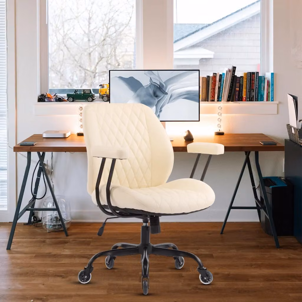 Sedia da ufficio ergonomica OKWISH in pelle bianca con braccioli e ruote per home office moderno – 2