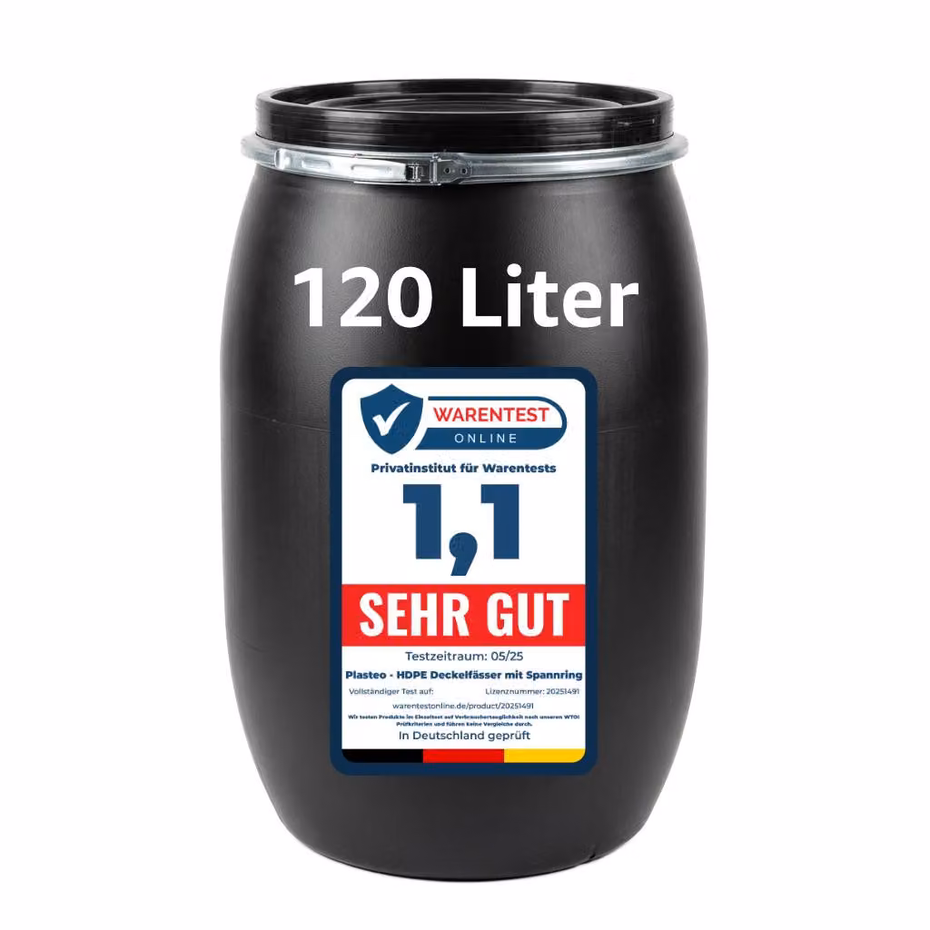 plasteo, fusto a collo largo da 120 litri, nero, con coperchio, anello di serraggio e guarnizione, omologazione UN, fusto in HDPE, fusto con coperchio, fusto di stoccaggio, cisterna per l'acqua piovana