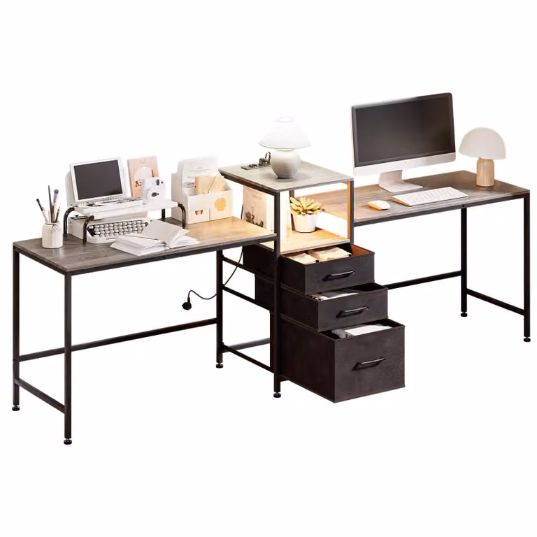 Scrivania ad angolo trasformabile, con prese di corrente, porte USB, illuminazione LED e cassetti, ideale per il gaming