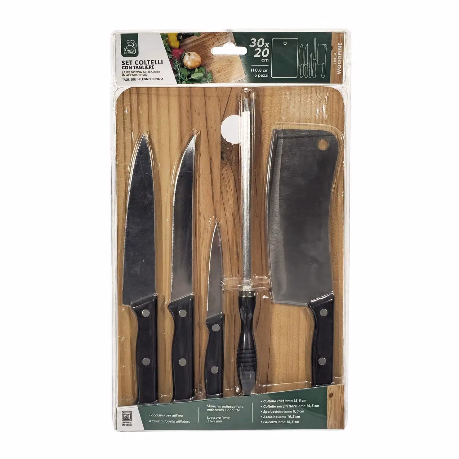 Set di coltelli Gusto Casa Linea Woodpine con tagliere in legno marrone, affilacoltelli e blocco porta coltelli, in acciaio inox