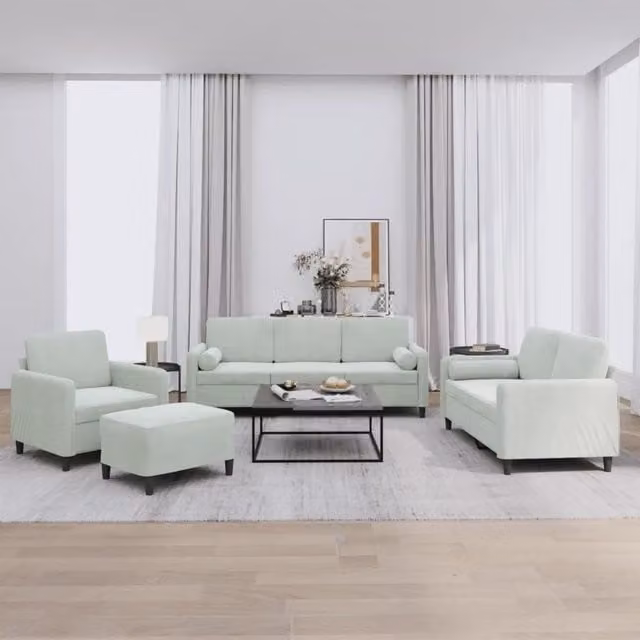 Set di divani moderno vidaXL in velluto grigio composto da divano a 3 posti, divano a 2 posti, pouf e cuscini decorativi – 1