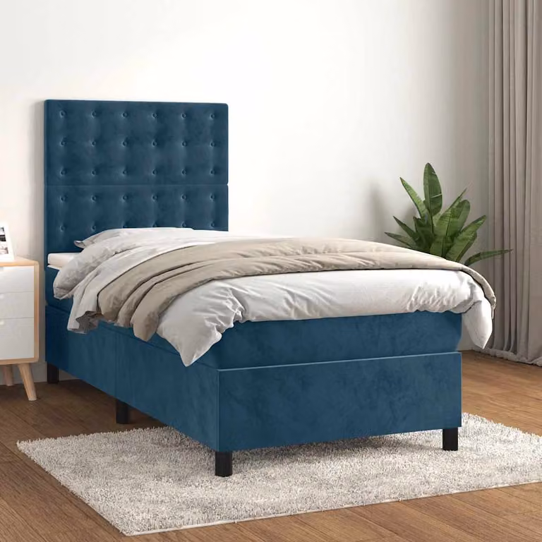vidaXL Letto Ibrido con Giroletto a Molle e Materasso in Velluto Blu Scuro, L/P: 100 x 200 cm