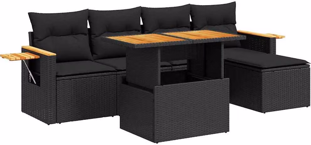 Set Divano da Giardino 6 pz con Cuscini Nero Polyrattan Acacia