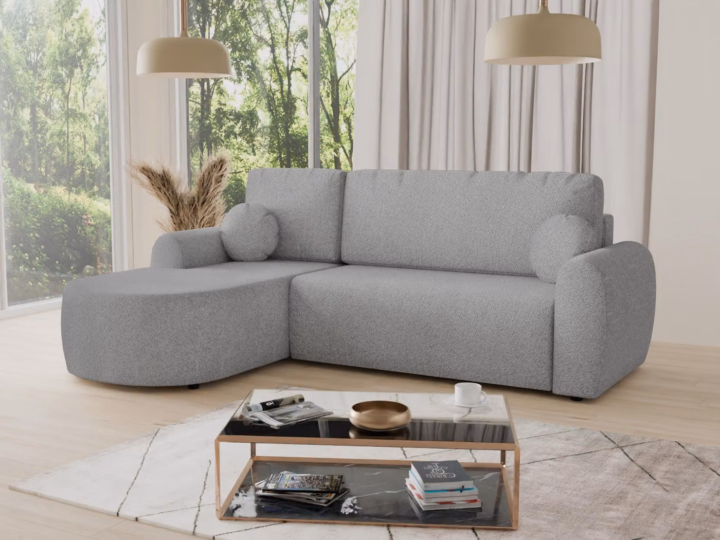 Divano ad angolo Jazz con funzione letto e contenitore - Tessuto bouclé - Divano a L, divano imbottito, divano letto, set divano, divano letto (Grigio (Coral 75), divano ad angolo con apertura a sinistra)